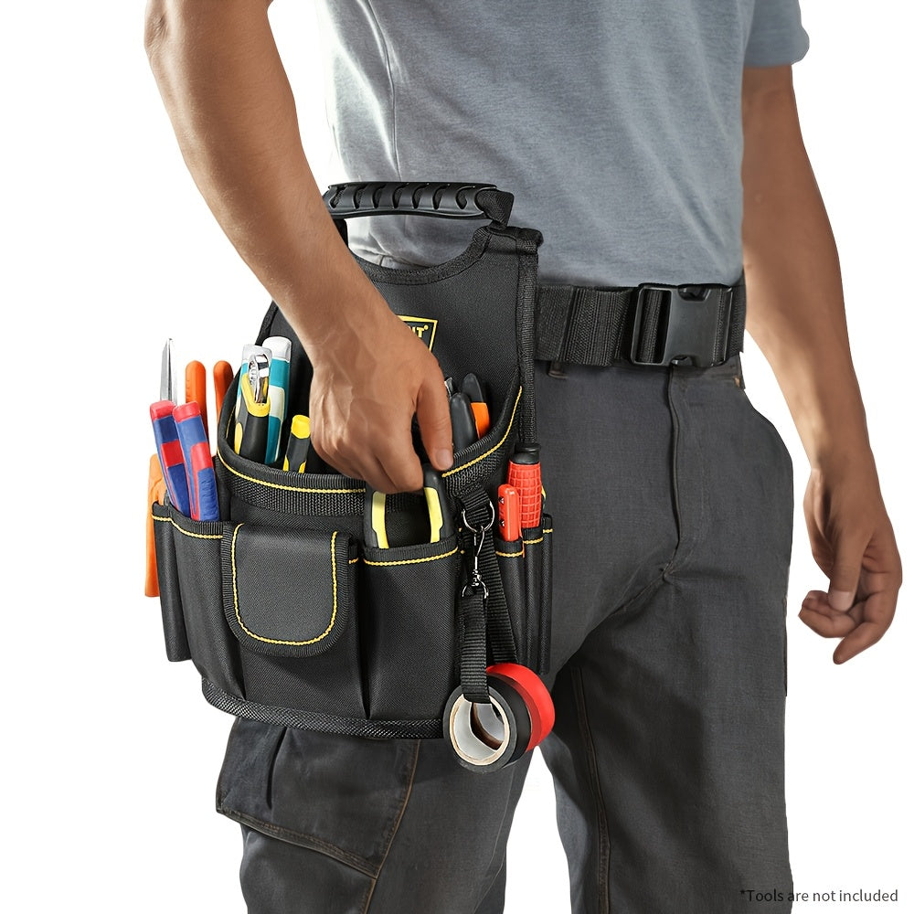 Cinto de ferramentas multifuncional para eletricista WINHUNT, tipo pochete, com vários compartimentos para arrumação organizada das ferramentas. Design portátil para projetos de construção e bricolage.