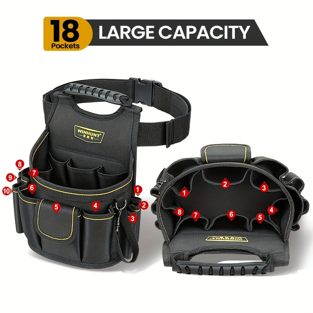 Cinto de ferramentas multifuncional para eletricista WINHUNT, tipo pochete, com vários compartimentos para arrumação organizada das ferramentas. Design portátil para projetos de construção e bricolage.
