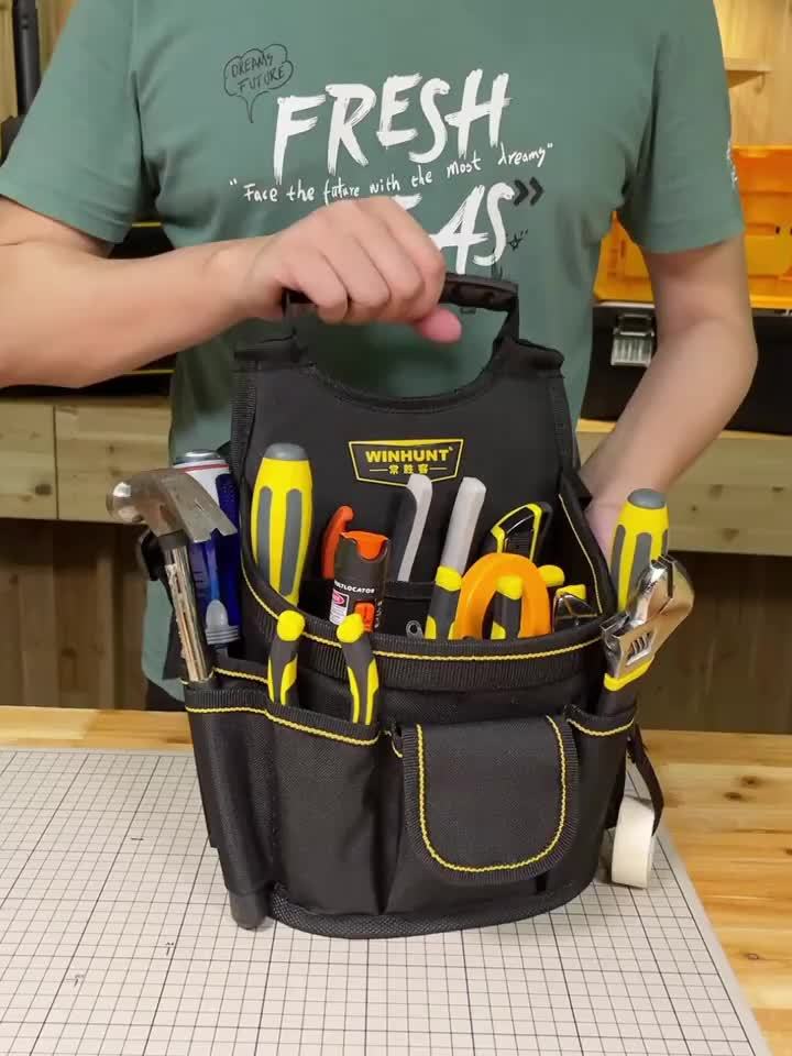 Cinto de ferramentas multifuncional para eletricista WINHUNT, tipo pochete, com vários compartimentos para arrumação organizada das ferramentas. Design portátil para projetos de construção e bricolage.