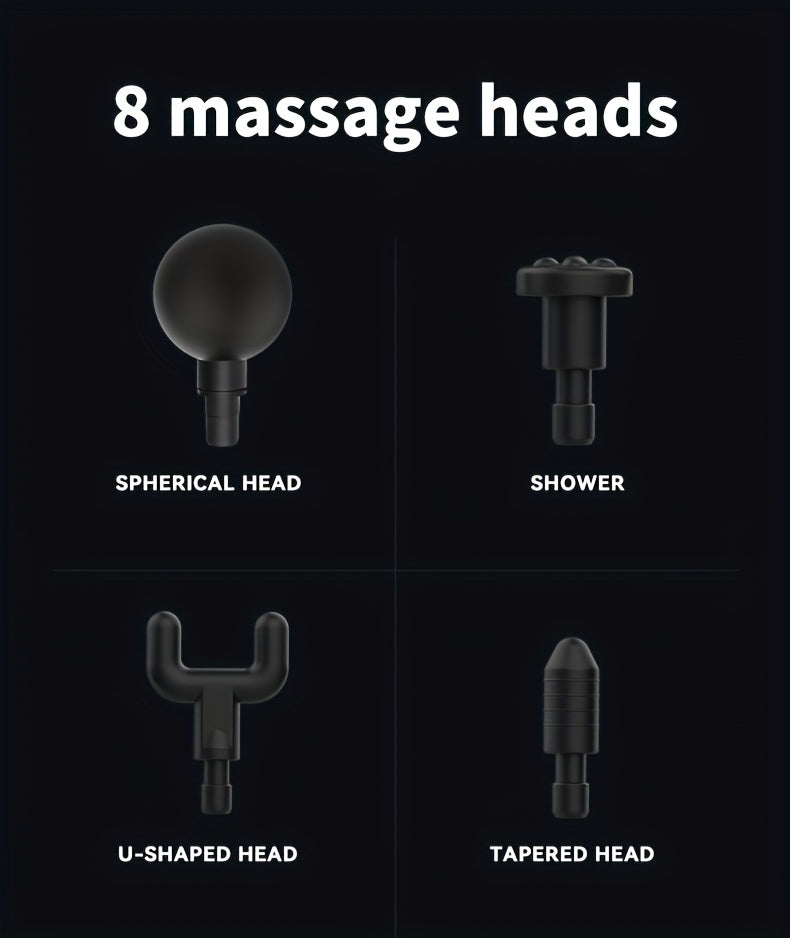 Pistola de Massagem Inteligente Quiet Strike, 8 Cabeças, Recarregável via USB, Design Ergonómico para Cintura, Pernas e Ancas, Presente Ideal para o Dia do Pai, Massajador Muscular, Acabamento Metálico Elegante, Corpo em Plástico Resistente
