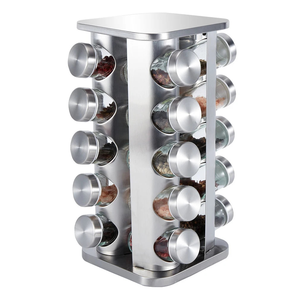 Torre rotativa de 5 Camadas para Temperos com Frascos Redondos em Aço Inoxidável
