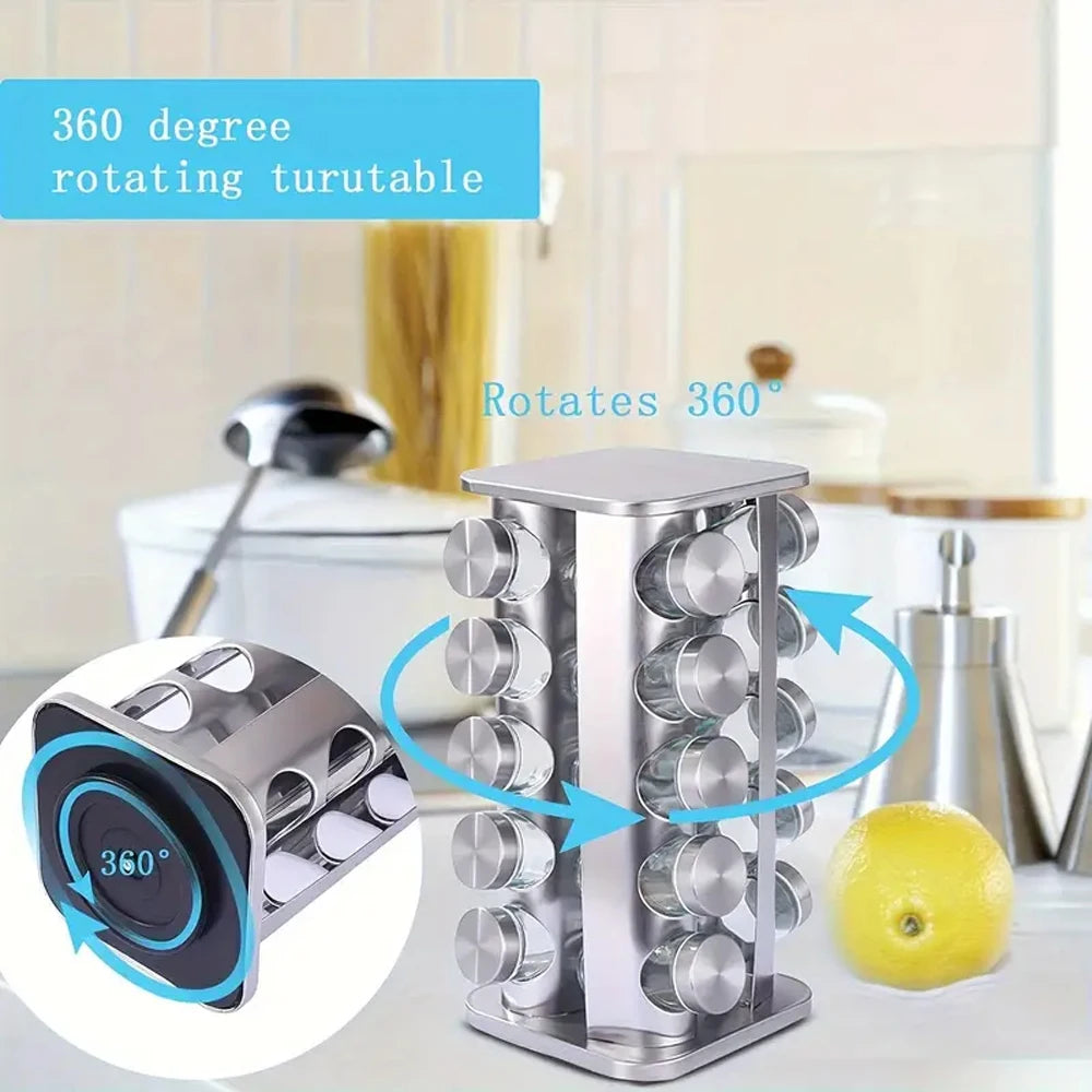 Torre rotativa de 5 Camadas para Temperos com Frascos Redondos em Aço Inoxidável
