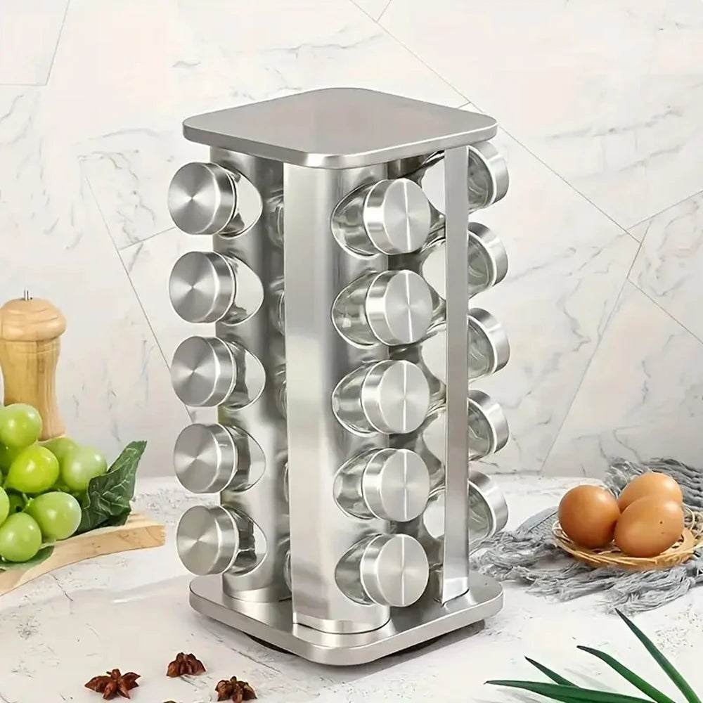 Torre rotativa de 5 Camadas para Temperos com Frascos Redondos em Aço Inoxidável