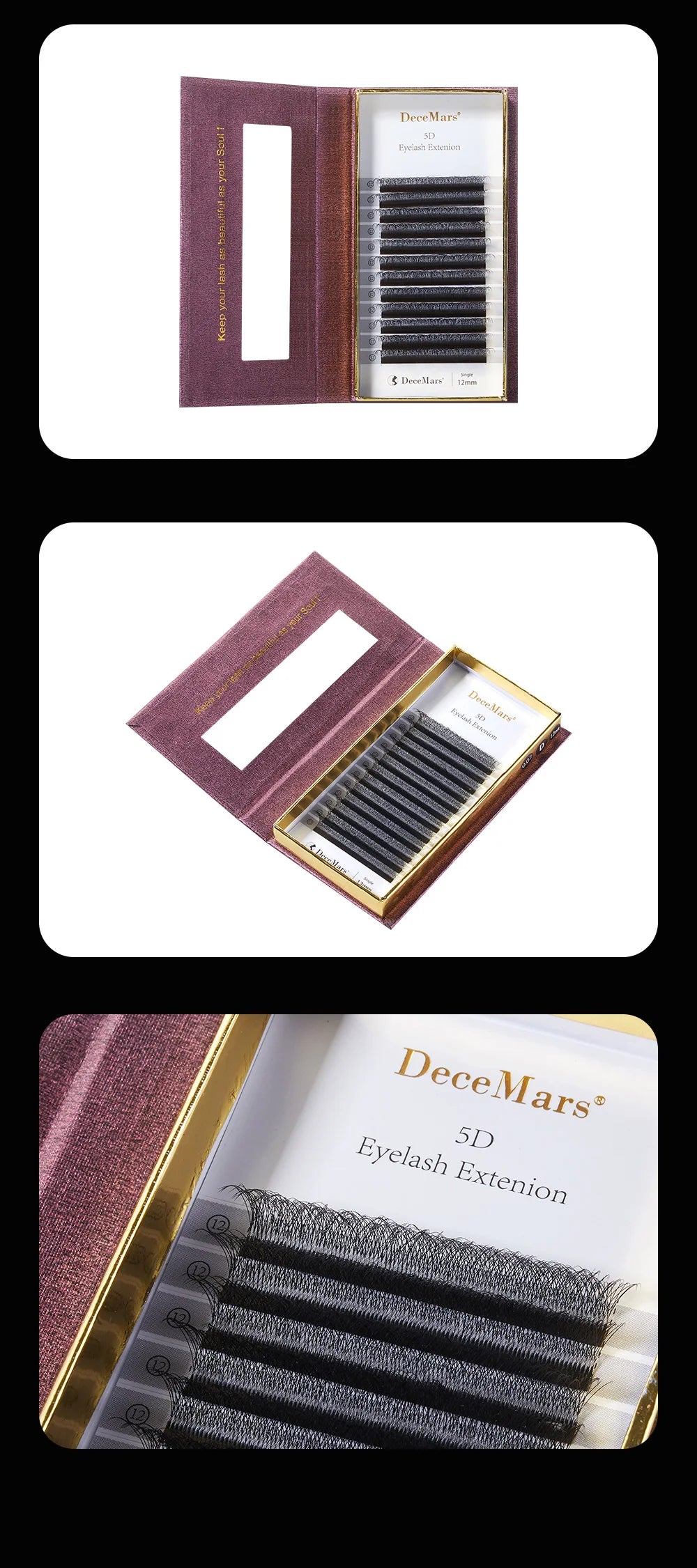 Extensão de pestanas DeceMars 5D em formato W (12 linhas/bandeja)