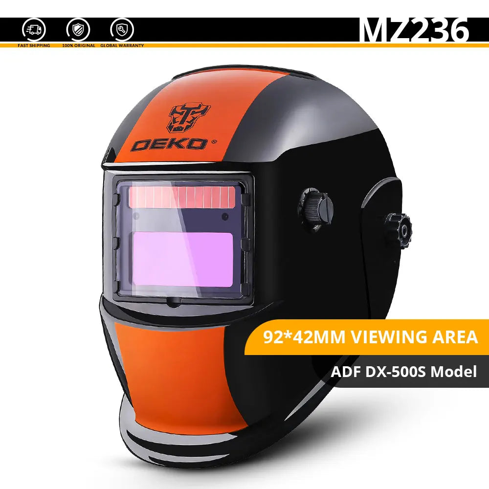 Máscara de soldadura elétrica DEKO com lente de escurecimento automático e alcance ajustável para máquinas de soldadura MIG e MMA.
