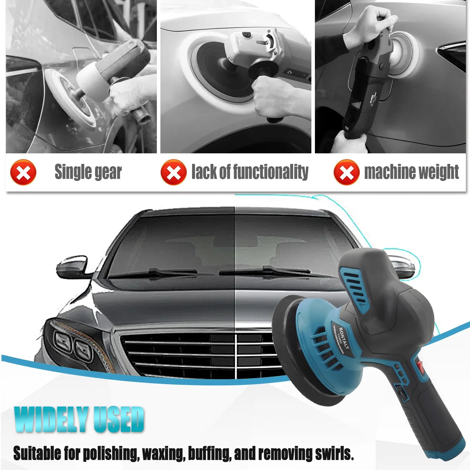 Polidora automóvel orbital de 12 V com 6 velocidades variáveis para limpeza detalhada e remoção de riscos.