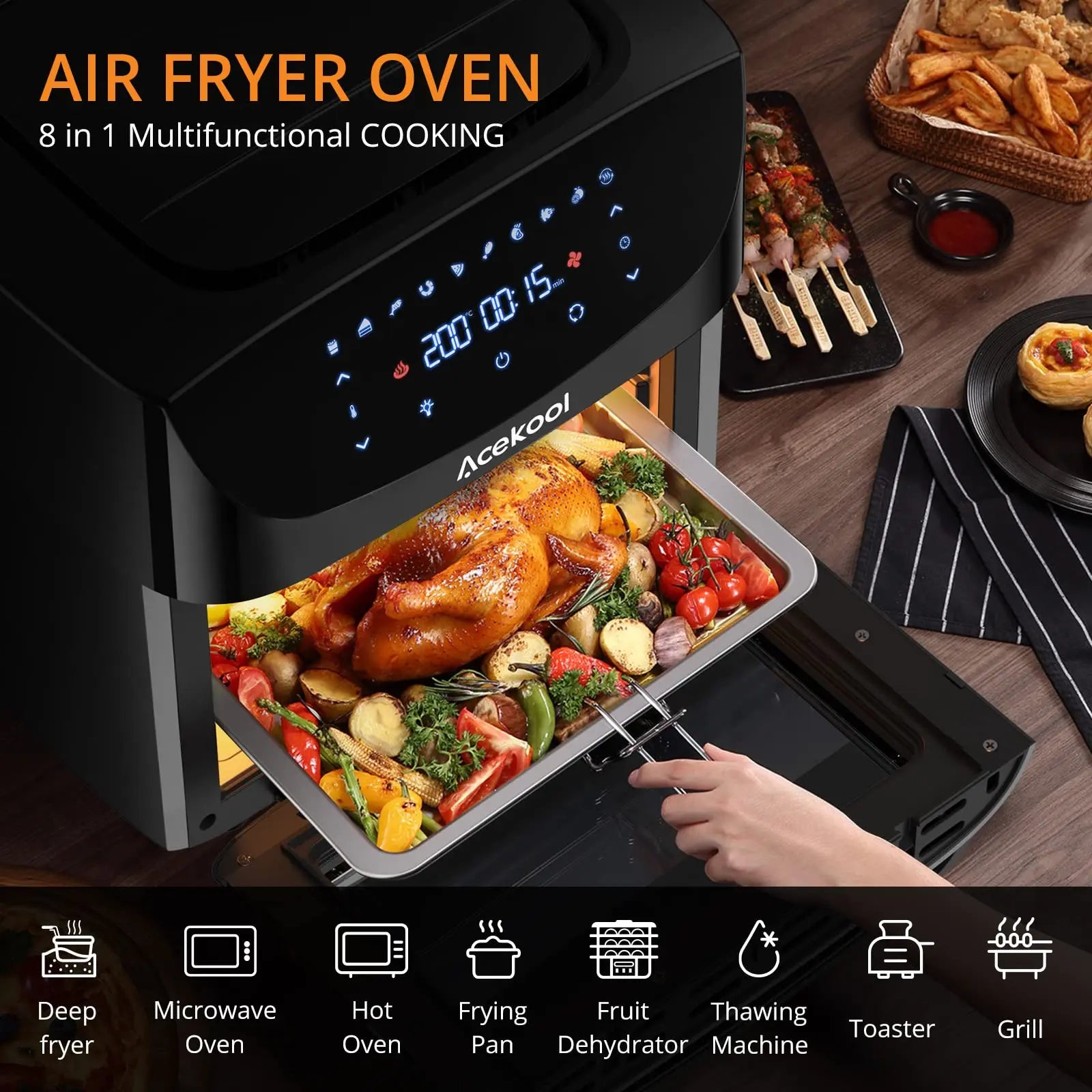 Fritadeira Elétrica Air Fryer 8 em 1 com Ecrã Táctil Digital, 1800W, Circulação de Ar Rápida, Mini Forno Sem Óleo com Acessórios