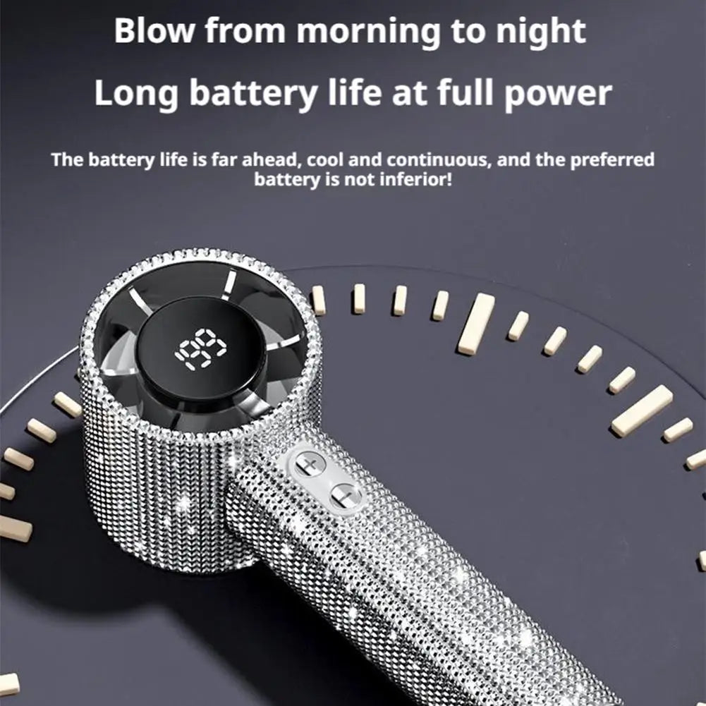 Ventilador portátil de mão com visor digital, 199 velocidades, com strass para pendurar ao pescoço, ideal para a praia.