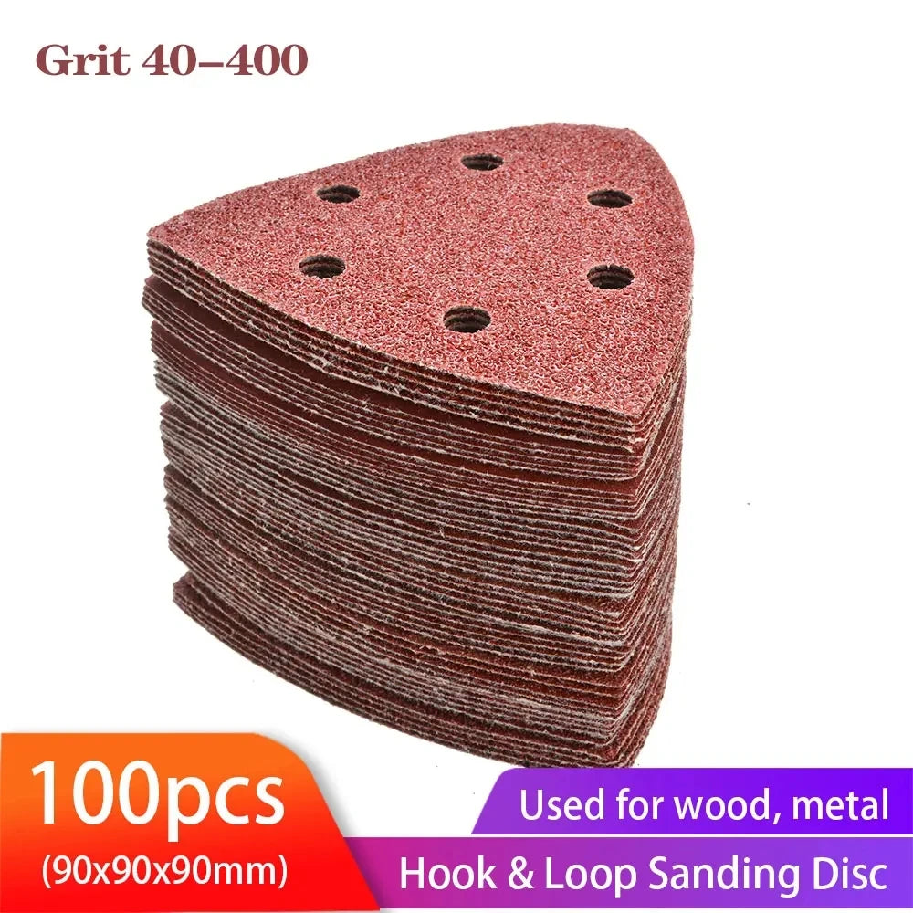 Conjunto de 100 discos de lixa triangulares de 90 mm para lixadora Delta com sistema de fixação por velcro, para grãos de lixa 40 a 400.