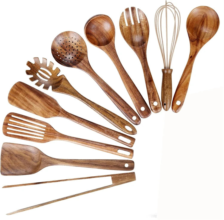 Conjunto de utensílio de cozinha de madeira de teca natural, 10 pacotes, colheres de madeira, espátula, conjunto de utensílio de cozinha para cozinhar e assar