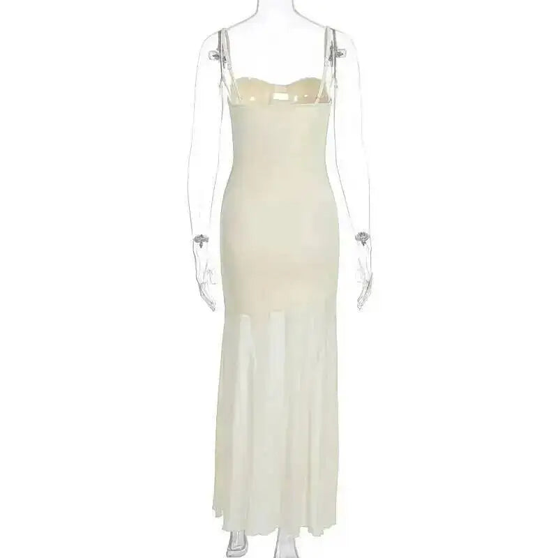Elegante Vestido de Festa Longo Sexy com Alças Finas Vazadas em Malha e Decote nas Costas - Modelo Feminino Verão 2025