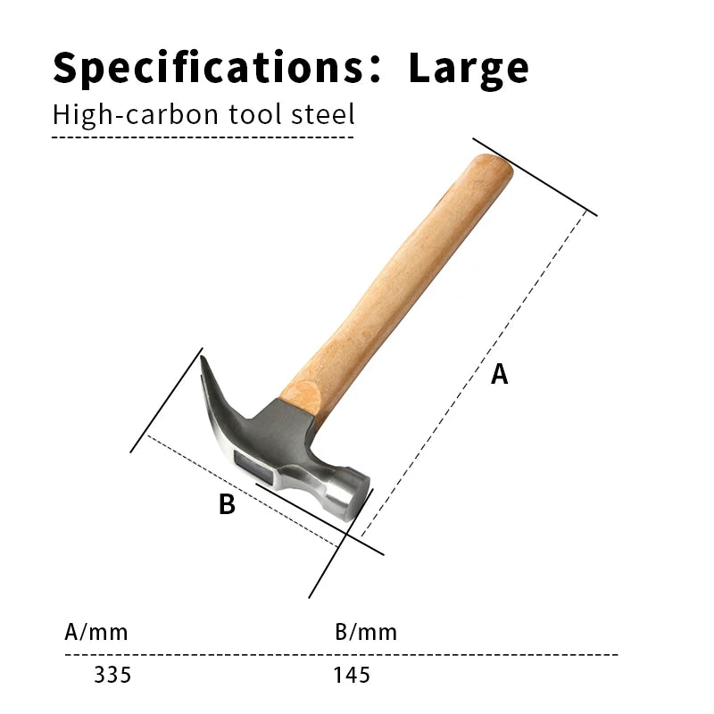 Martelo de unhas multifuncional para madeira, com cabo em madeira, absorção de impacto, aço carbono de alta durabilidade, ferramenta para uso doméstico e automóvel.