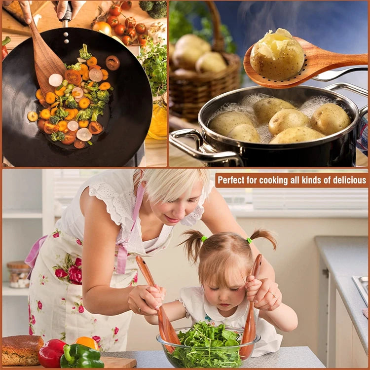 Conjunto de utensílio de cozinha de madeira de teca natural, 10 pacotes, colheres de madeira, espátula, conjunto de utensílio de cozinha para cozinhar e assar