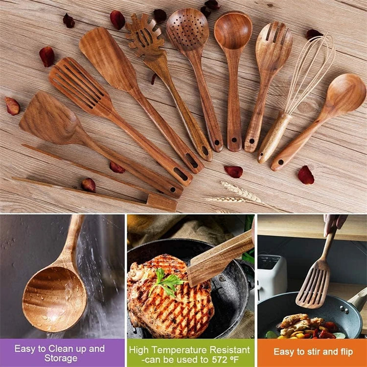 Conjunto de utensílio de cozinha de madeira de teca natural, 10 pacotes, colheres de madeira, espátula, conjunto de utensílio de cozinha para cozinhar e assar