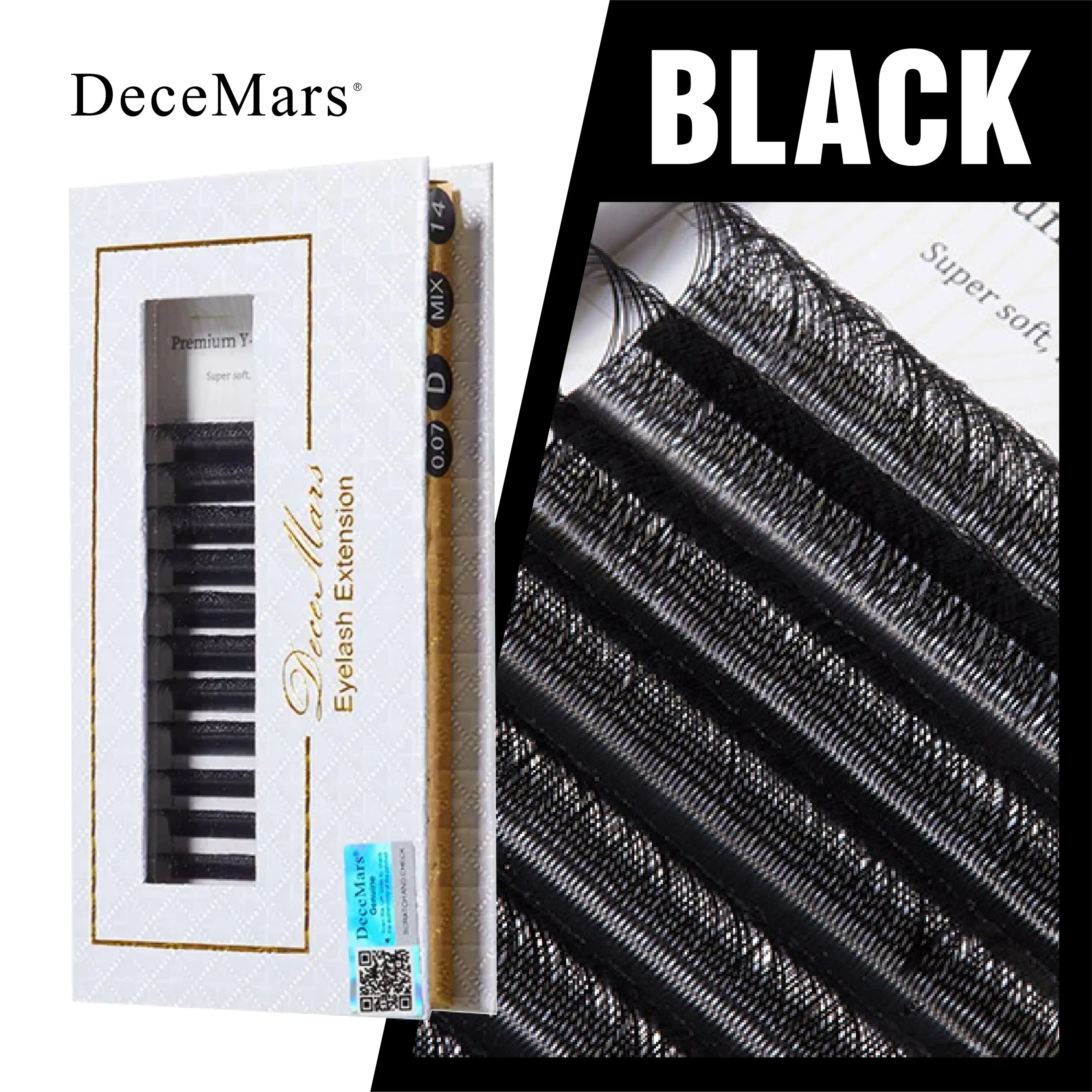 Extensão de pestanas DeceMars YY, comprimento de 6 mm a 18 mm, preta.