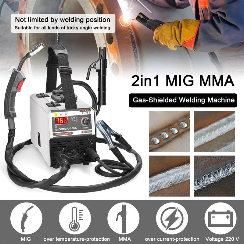 Máquina de soldadura MIG/MMA 2 em 1 com inversor IGBT DC, alimentação automática de arame, soldadura por contacto e soldadura por arco com proteção gasosa.