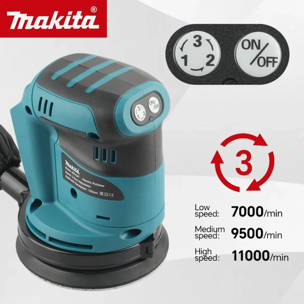 Lixadora orbital aleatória sem fios Makita DBO180Z 18V com bateria de iões de lítio recarregável para madeira, ideal para lixar e esmerilar.