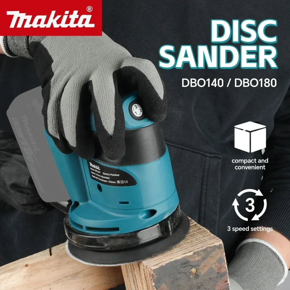 Lixadora orbital aleatória sem fios Makita DBO180Z 18V com bateria de iões de lítio recarregável para madeira, ideal para lixar e esmerilar.