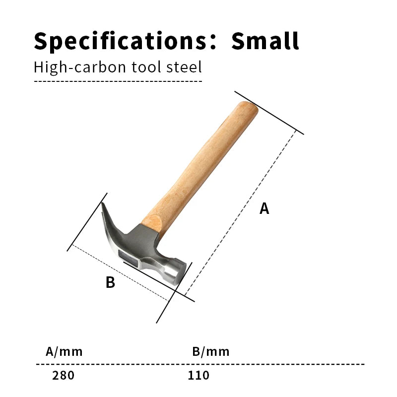 Martelo de unhas multifuncional para madeira, com cabo em madeira, absorção de impacto, aço carbono de alta durabilidade, ferramenta para uso doméstico e automóvel.