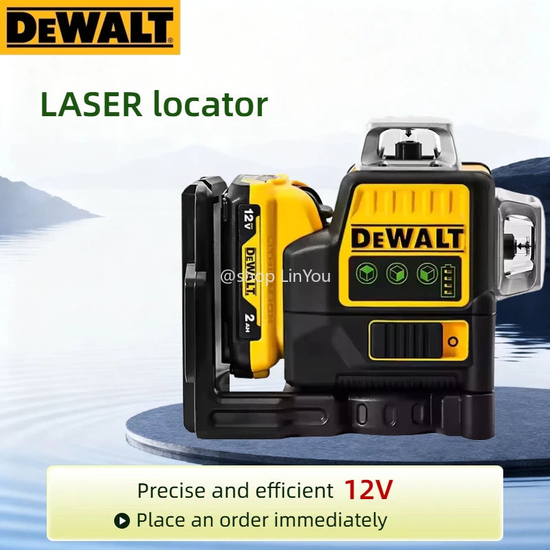 Nível laser Dewalt DW089LG com 3 lados e linhas verticais de 360 graus, horizontal, bateria de lítio de 12 V e luz verde para utilização no exterior.