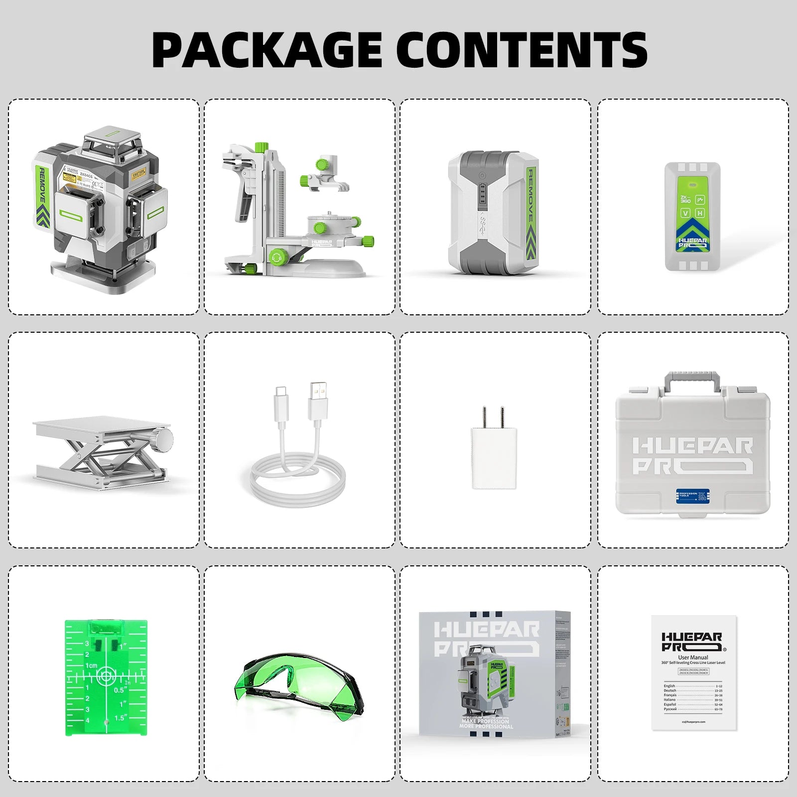 Nível laser profissional Huepar 4D com linhas cruzadas, precisão de 2 mm, autonivelante, laser verde, bateria de iões de lítio de 8000 mAh e suporte.