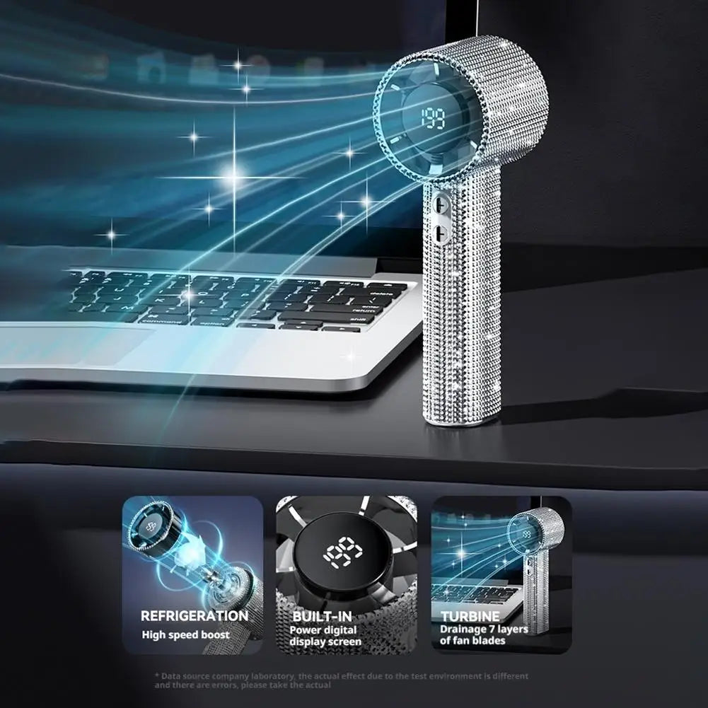 Ventilador portátil de mão com visor digital, 199 velocidades, com strass para pendurar ao pescoço, ideal para a praia.