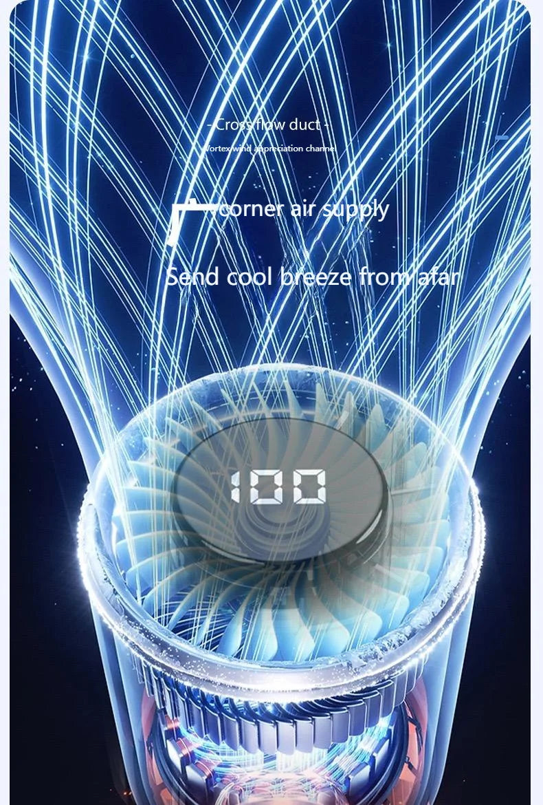 Mini ventilador portátil com visor LED, refrigeração por semicondutor, 100 velocidades, bateria recarregável via USB, ideal para utilização no exterior.