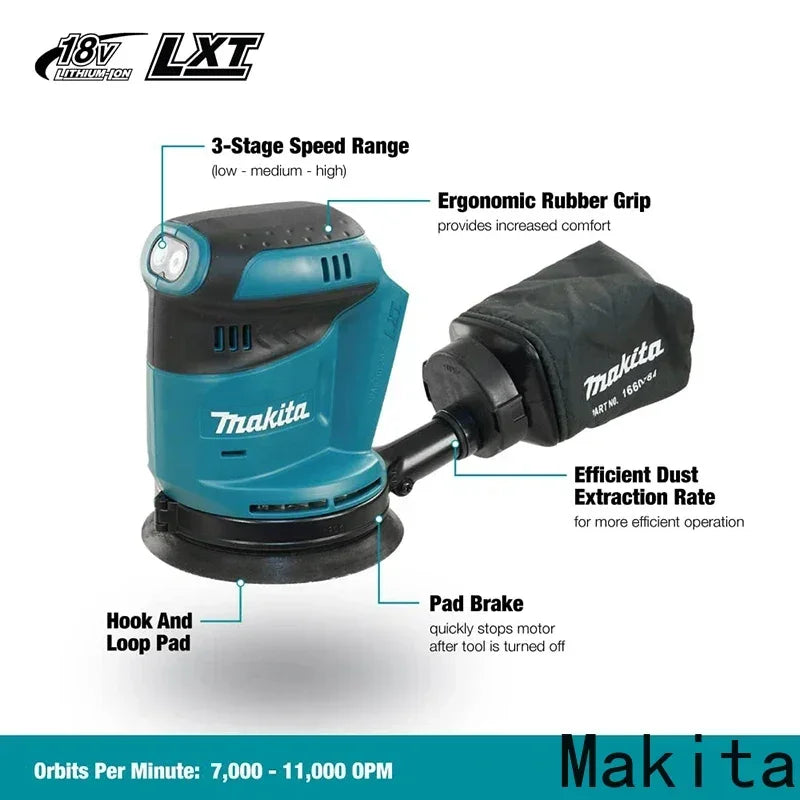 Lixadora orbital aleatória sem fios Makita DBO180Z 18V com bateria de iões de lítio recarregável para madeira, ideal para lixar e esmerilar.