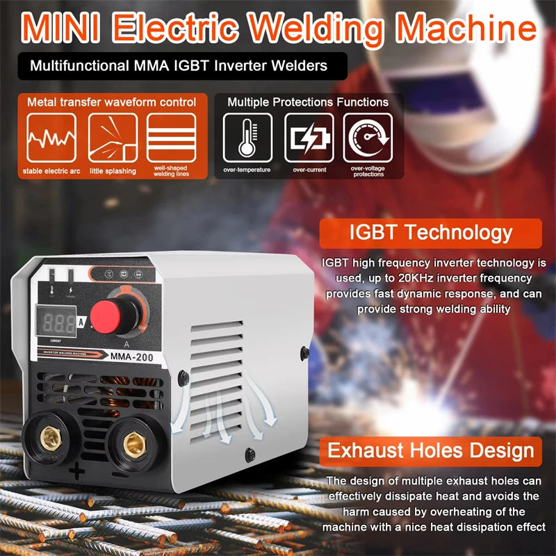 Máquina de soldadura MIG/MMA 2 em 1 com inversor IGBT DC, alimentação automática de arame, soldadura por contacto e soldadura por arco com proteção gasosa.