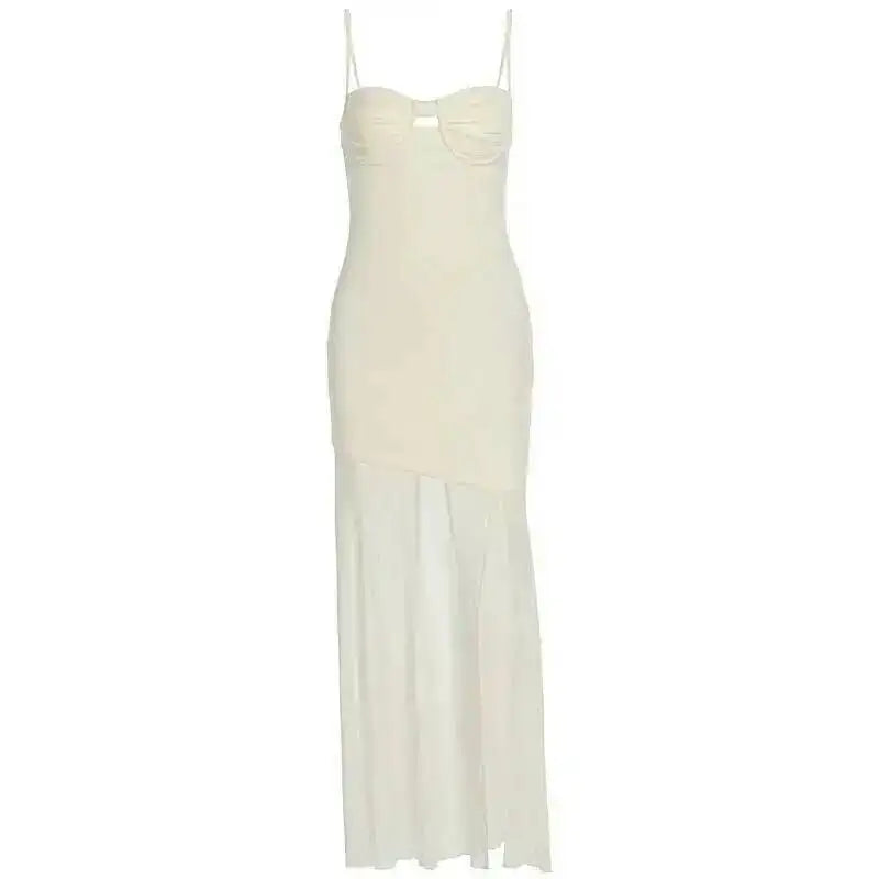Elegante Vestido de Festa Longo Sexy com Alças Finas Vazadas em Malha e Decote nas Costas - Modelo Feminino Verão 2025