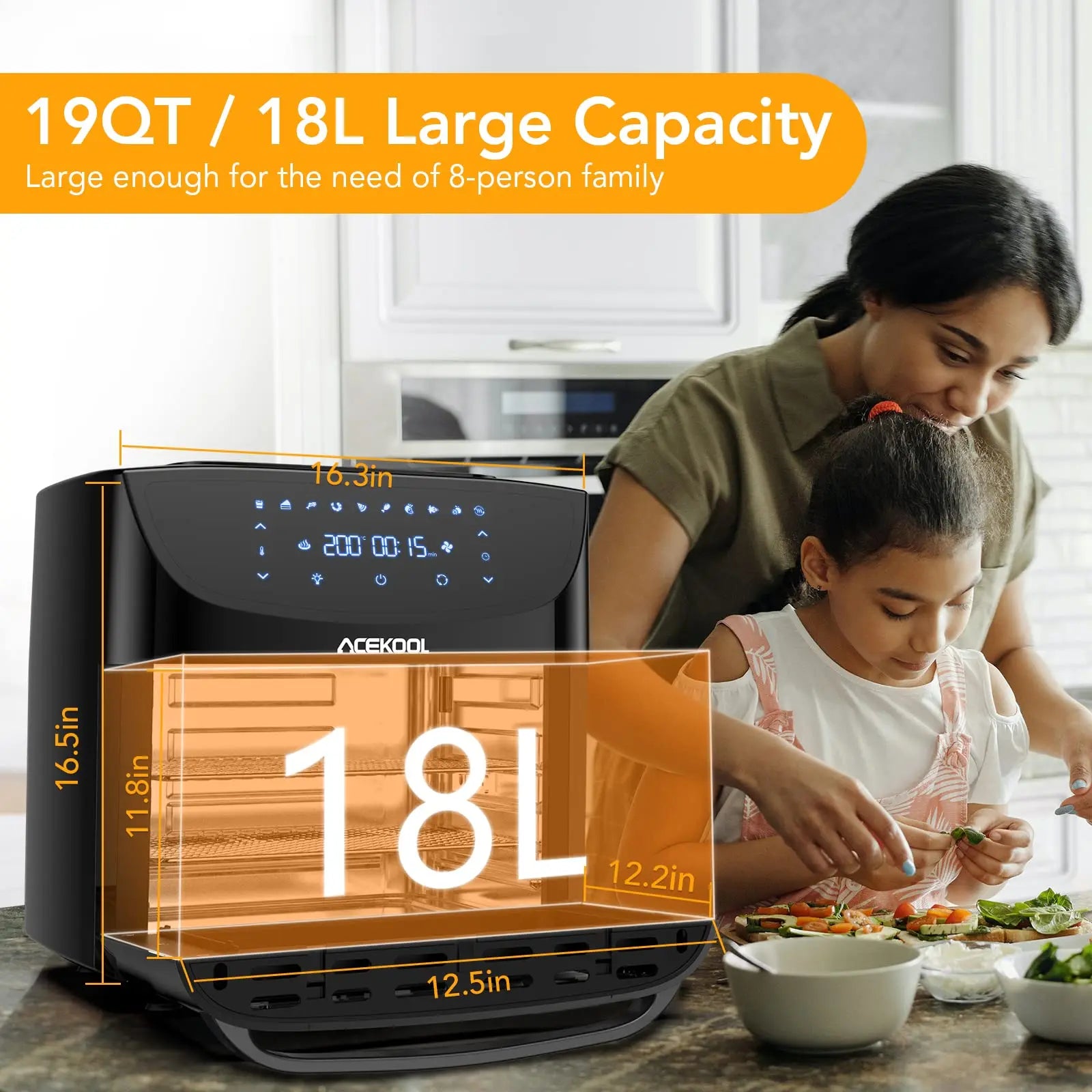 Fritadeira Elétrica Air Fryer 8 em 1 com Ecrã Táctil Digital, 1800W, Circulação de Ar Rápida, Mini Forno Sem Óleo com Acessórios