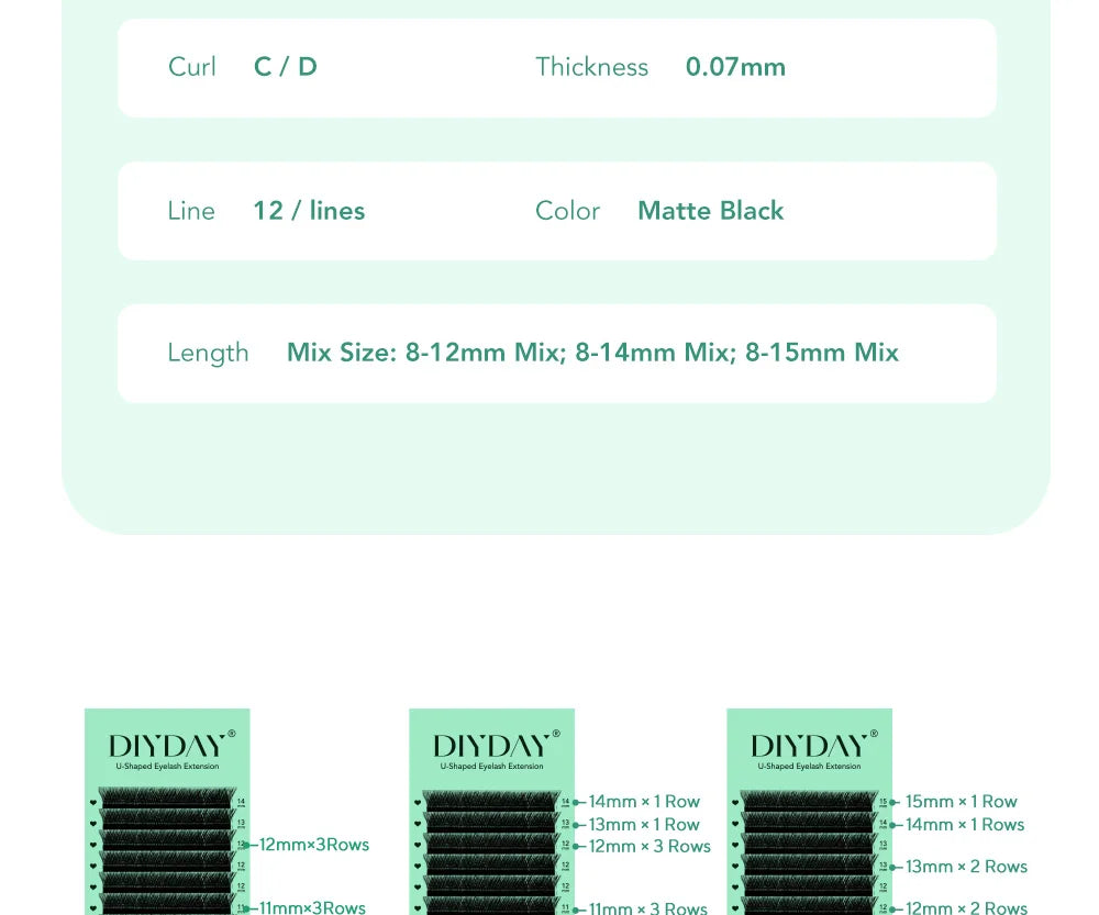 Extensão de pestanas DIYDAY estilo U 3D 4D 5D 6D, feitas à mão com fibra BASF PBT.