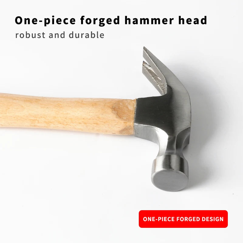 Martelo de unhas multifuncional para madeira, com cabo em madeira, absorção de impacto, aço carbono de alta durabilidade, ferramenta para uso doméstico e automóvel.