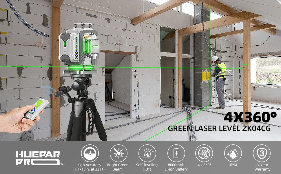 Nível laser profissional Huepar 4D com linhas cruzadas, precisão de 2 mm, autonivelante, laser verde, bateria de iões de lítio de 8000 mAh e suporte.