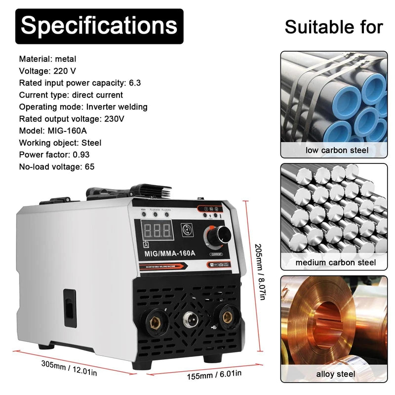 Máquina de soldadura MIG/MMA 2 em 1 com inversor IGBT DC, alimentação automática de arame, soldadura por contacto e soldadura por arco com proteção gasosa.