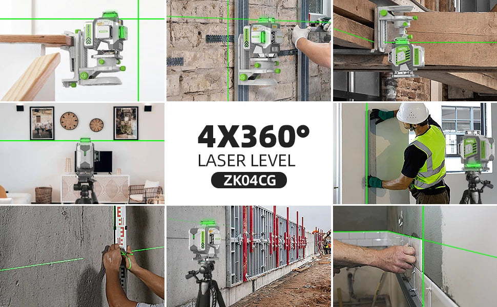 Nível laser profissional Huepar 4D com linhas cruzadas, precisão de 2 mm, autonivelante, laser verde, bateria de iões de lítio de 8000 mAh e suporte.