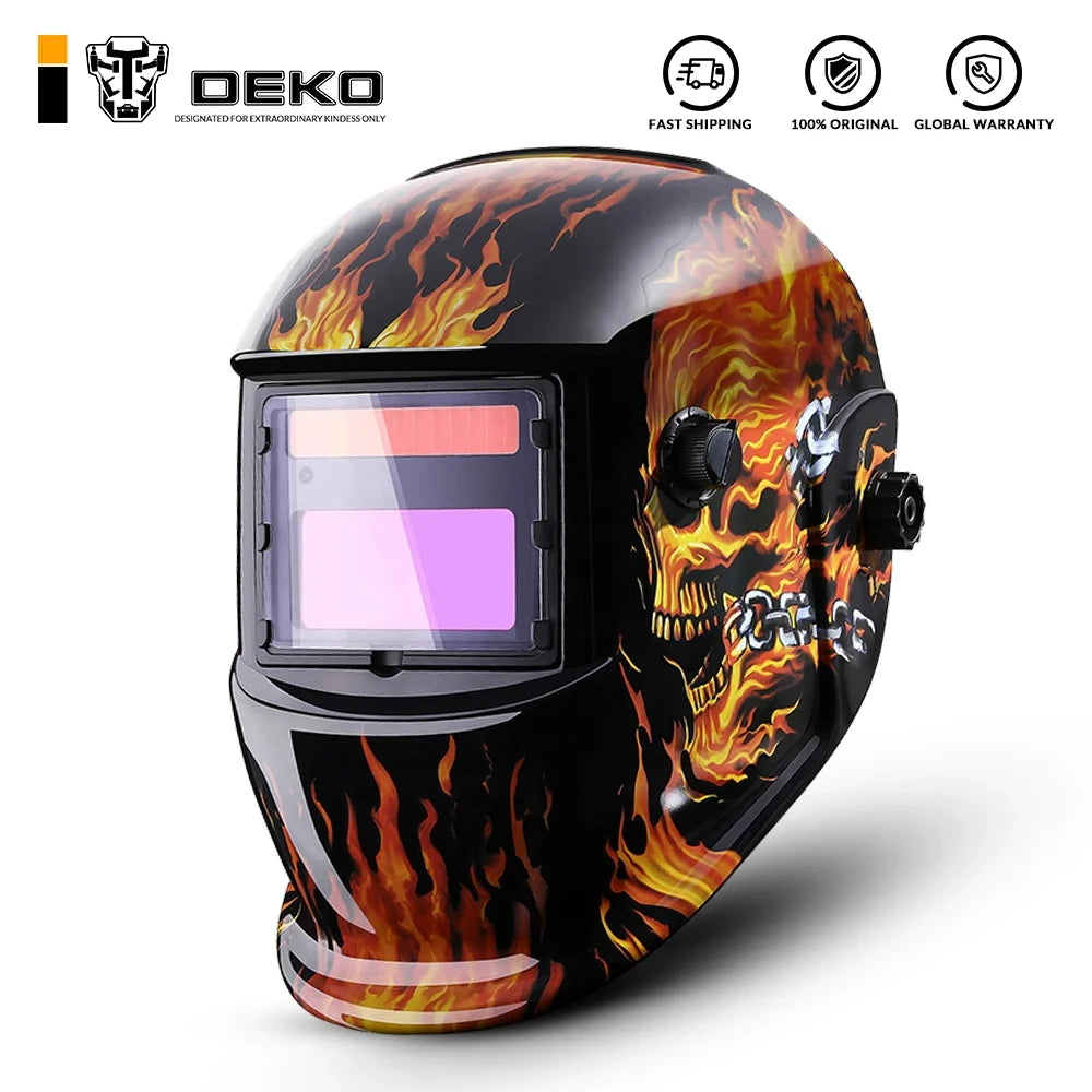 Máscara de soldadura elétrica DEKO com lente de escurecimento automático e alcance ajustável para máquinas de soldadura MIG e MMA.