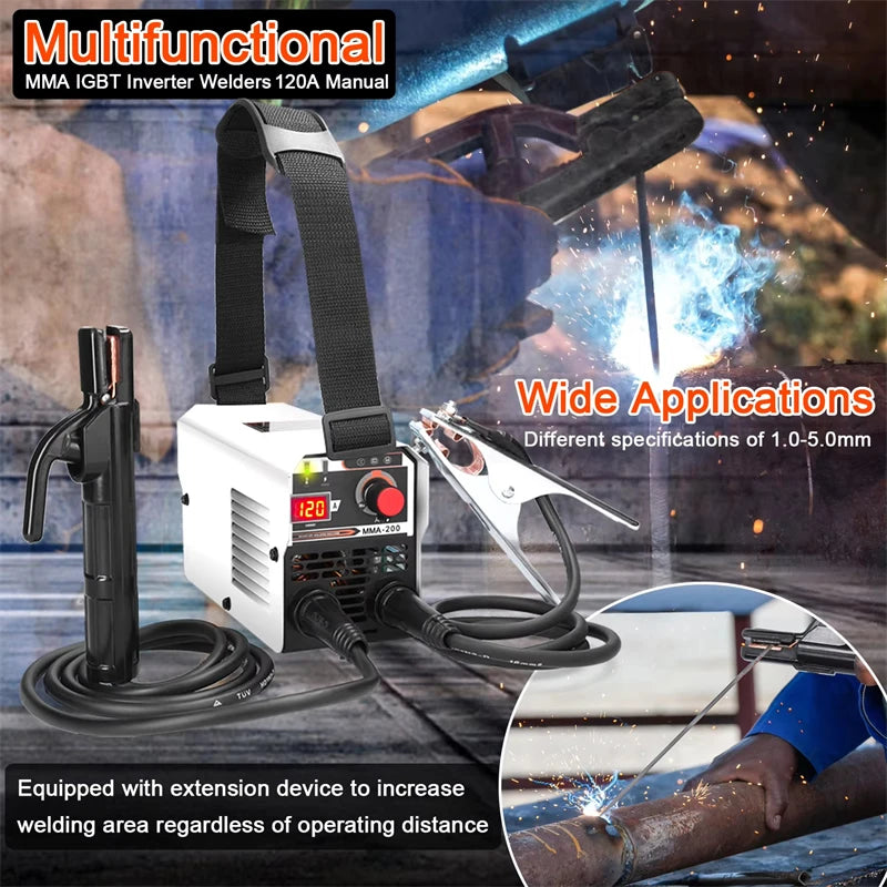 Máquina de soldadura MIG/MMA 2 em 1 com inversor IGBT DC, alimentação automática de arame, soldadura por contacto e soldadura por arco com proteção gasosa.