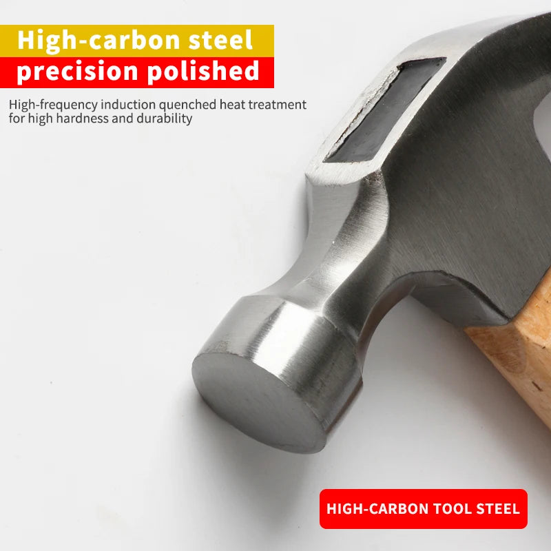 Martelo de unhas multifuncional para madeira, com cabo em madeira, absorção de impacto, aço carbono de alta durabilidade, ferramenta para uso doméstico e automóvel.