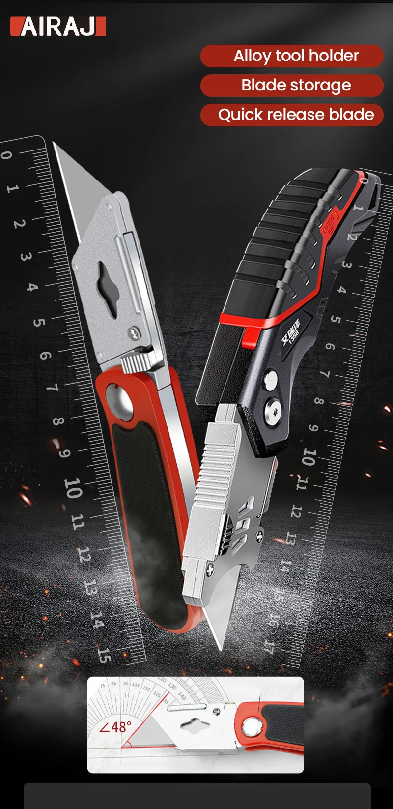 Estilete multifuncional retrátil AIRAJ com lâmina de aço resistente de 18 mm, ideal para cortes em papel, eletricista e uso profissional.