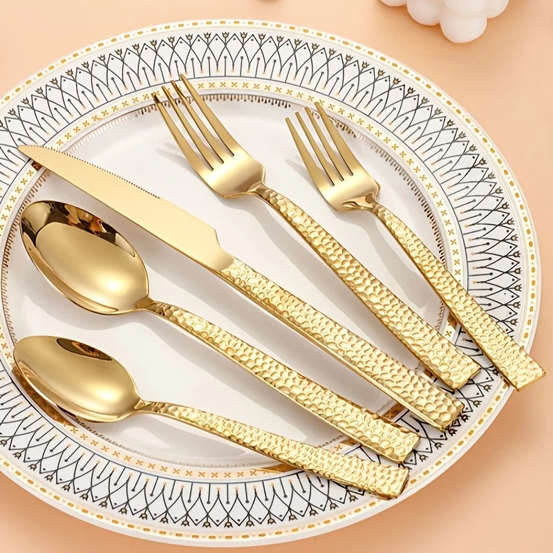 Conjunto de talheres de aço inoxidável 30 unidades, faca e garfo luxuosos dourados, podem ser lavados na máquina de lavar louça.