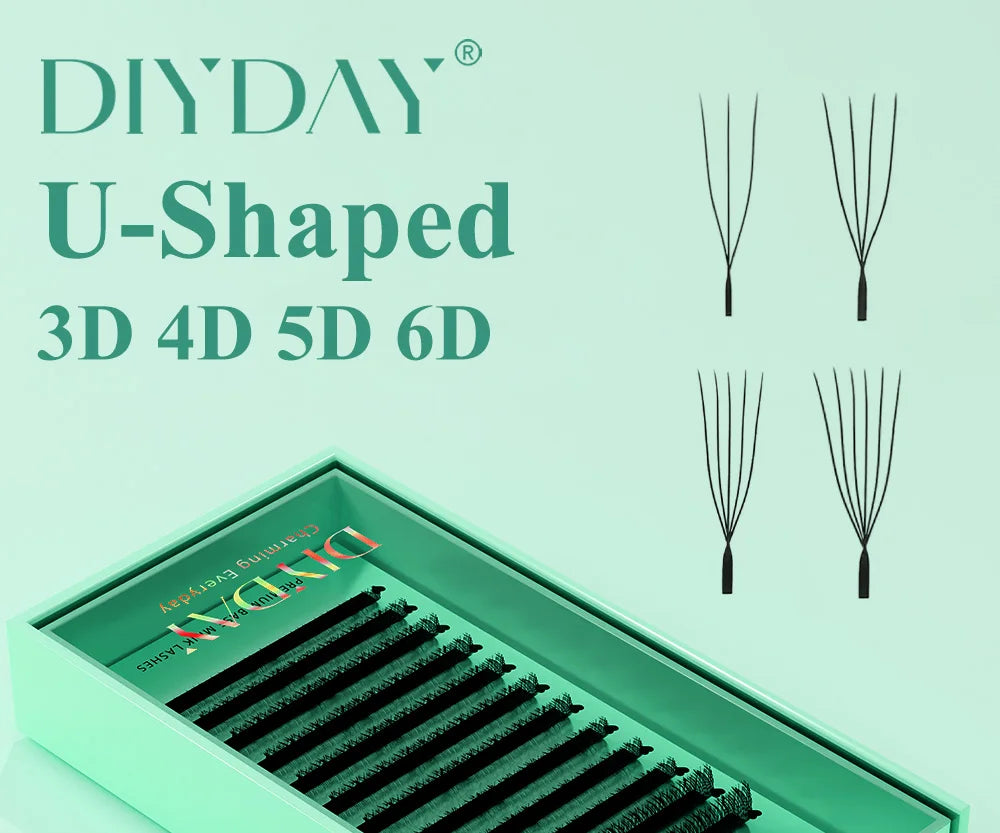 Extensão de pestanas DIYDAY estilo U 3D 4D 5D 6D, feitas à mão com fibra BASF PBT.