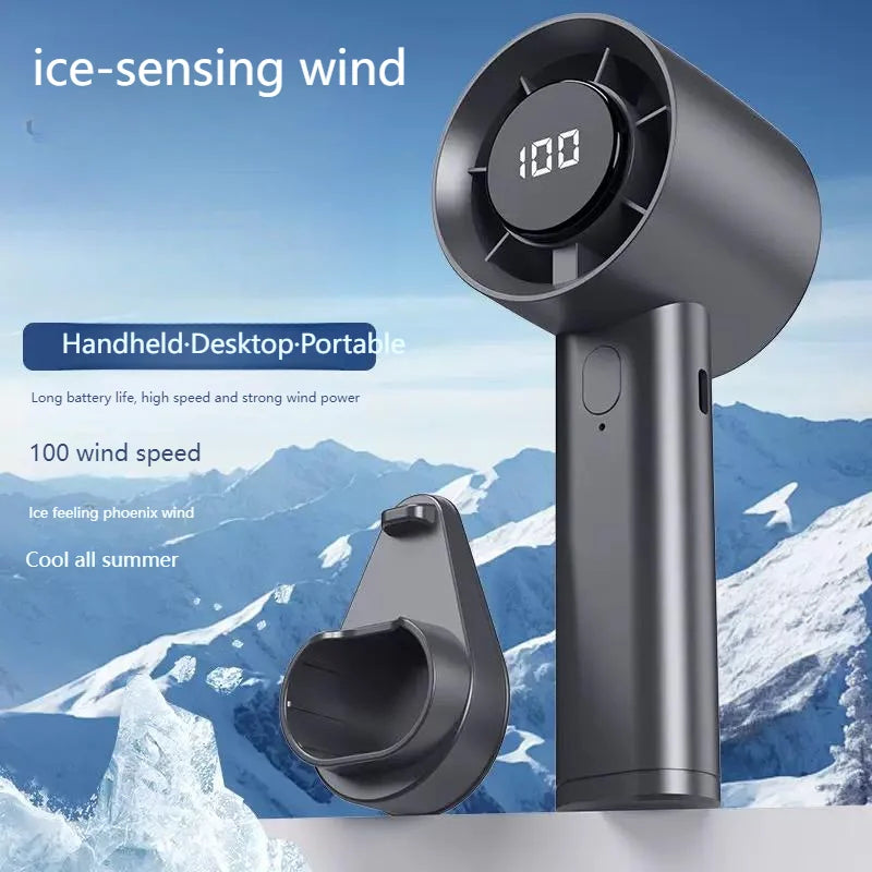 Mini ventilador portátil com visor LED, refrigeração por semicondutor, 100 velocidades, bateria recarregável via USB, ideal para utilização no exterior.