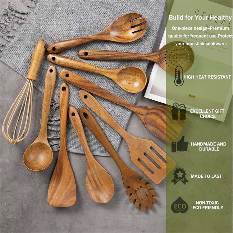 Conjunto de utensílio de cozinha de madeira de teca natural, 10 pacotes, colheres de madeira, espátula, conjunto de utensílio de cozinha para cozinhar e assar