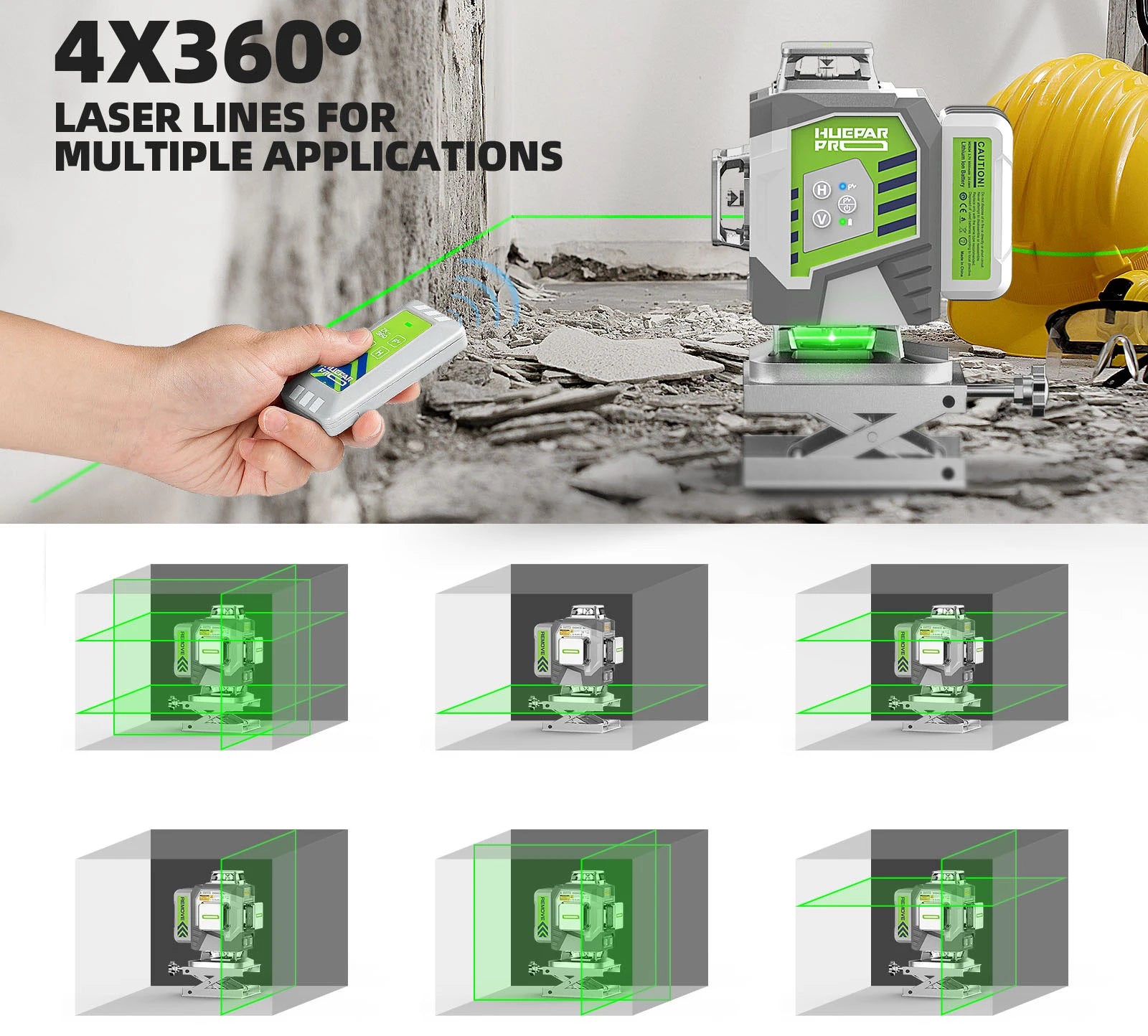 Nível laser profissional Huepar 4D com linhas cruzadas, precisão de 2 mm, autonivelante, laser verde, bateria de iões de lítio de 8000 mAh e suporte.