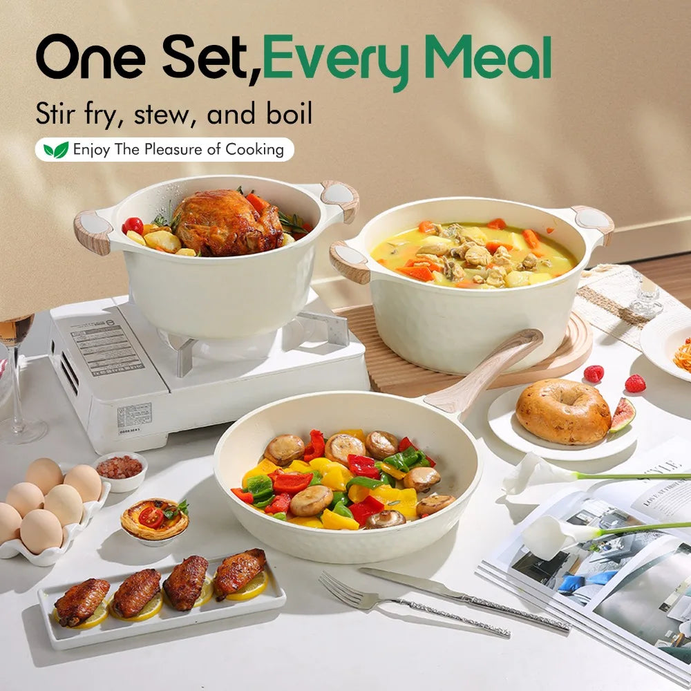 Conjunto de panelas e frigideiras antiaderentes, 10 peças, conjunto de panelas, panela de chef com protetores de panela, seguro para máquina de lavar louça