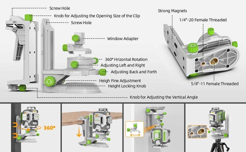 Nível laser profissional Huepar 4D com linhas cruzadas, precisão de 2 mm, autonivelante, laser verde, bateria de iões de lítio de 8000 mAh e suporte.