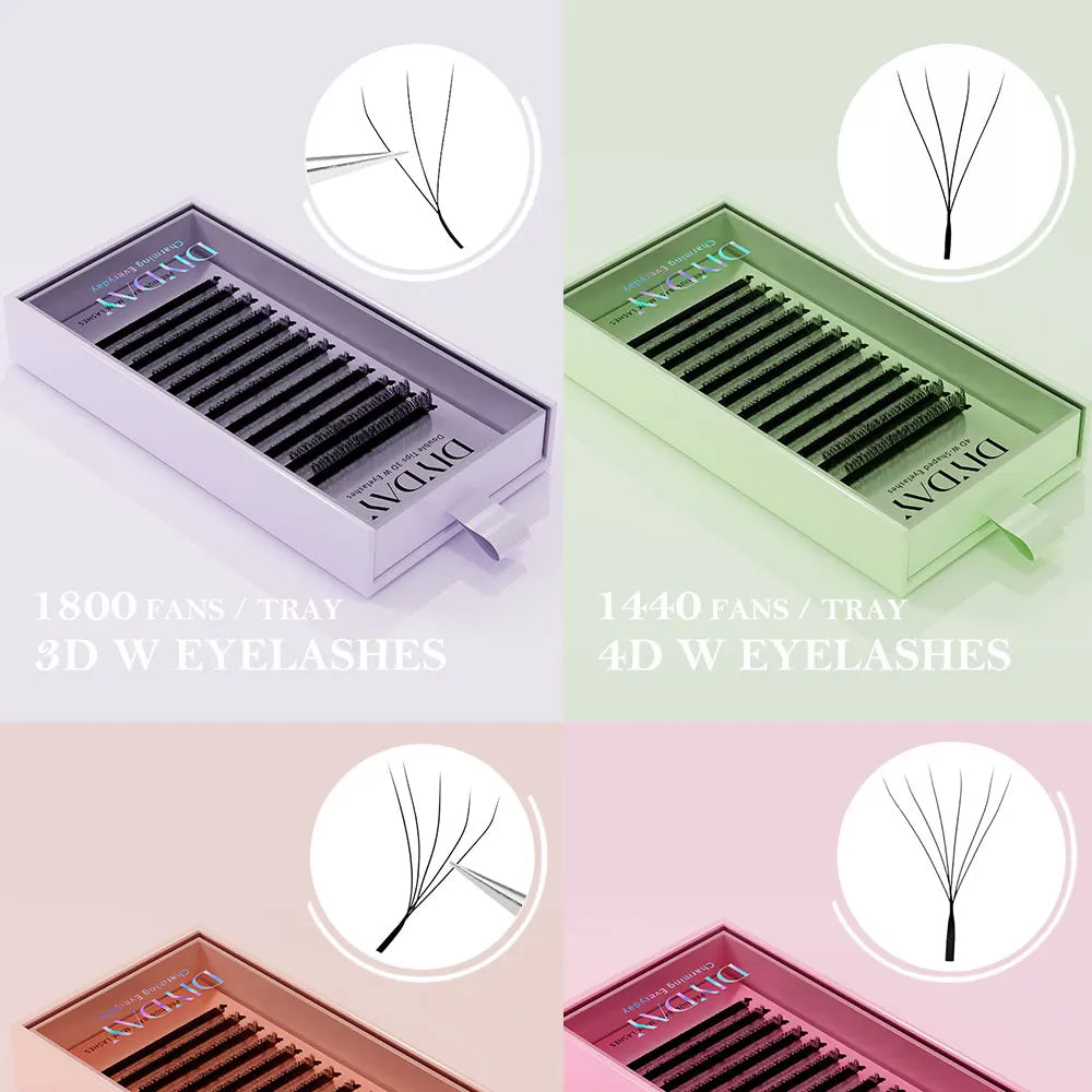 Extensões de pestanas DIYDAY em formato W, estilo Bloom, 3D, 4D, 5D, 6D, 7D e 8D, com textura natural e macia, em forma de leque.