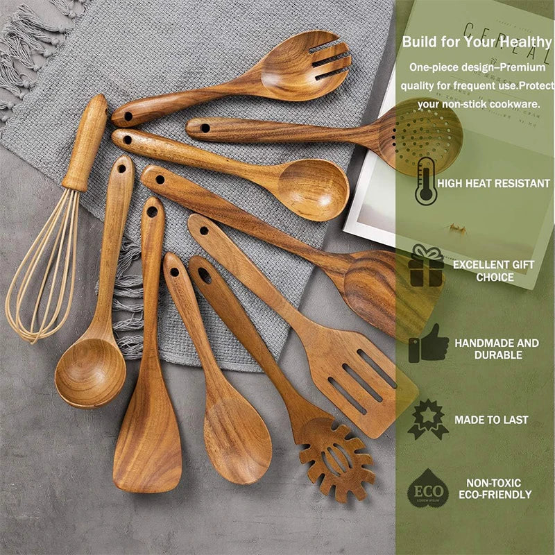 Conjunto de utensílio de cozinha de madeira de teca natural, 10 pacotes, colheres de madeira, espátula, conjunto de utensílio de cozinha para cozinhar e assar