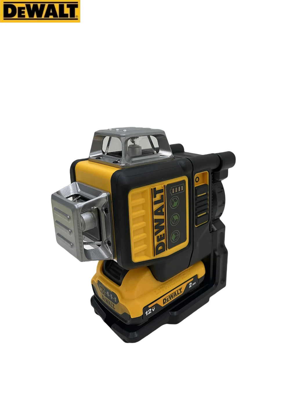 Nível laser Dewalt DW089LG com 3 lados e linhas verticais de 360 graus, horizontal, bateria de lítio de 12 V e luz verde para utilização no exterior.
